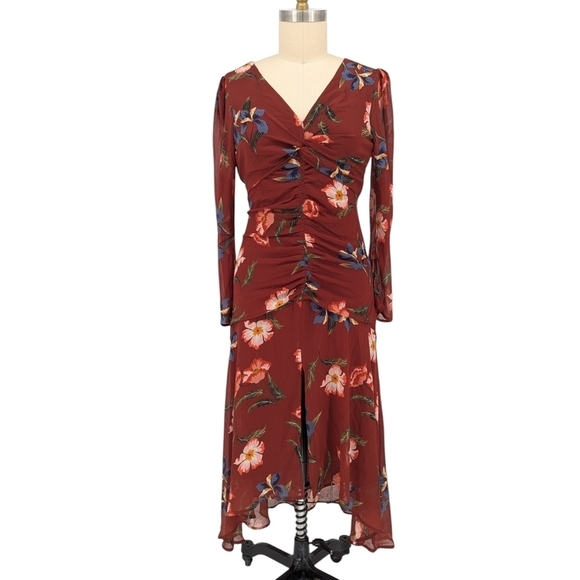 NEW ASTR Floral Ruched Midi Dress Mauve Brown L bohemian cottagecore wedding - Picture 1 of 8